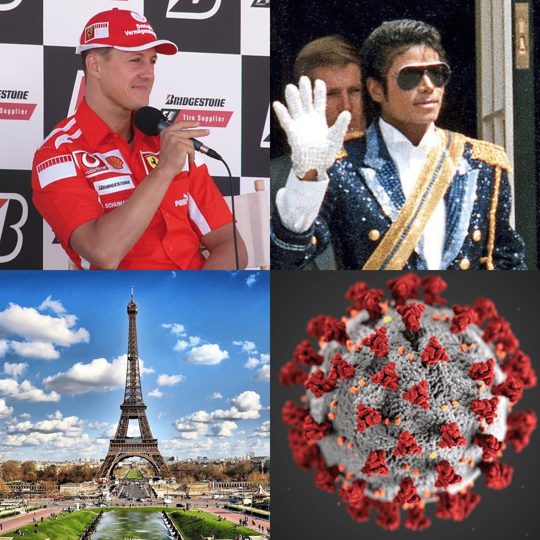 Wikimedia Commons / Thorsten Technoman/ Pexels / CDC/ Alissa Eckert, MS; Dan Higgins, MAMS de CDC Montagem de imagens com foto de Michael Schumacher, Michael Jackson, Torre Eiffel e design de vírus
