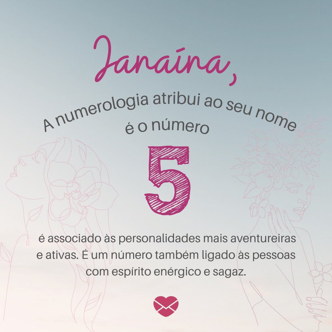 'Janaína, a numerologia atribui ao seu nome, é o número 5. É associado às personalidades mais aventureiras e ativas. É um número também ligado às pessoas com espírito enérgico e sagaz.' Frases de Janaína.