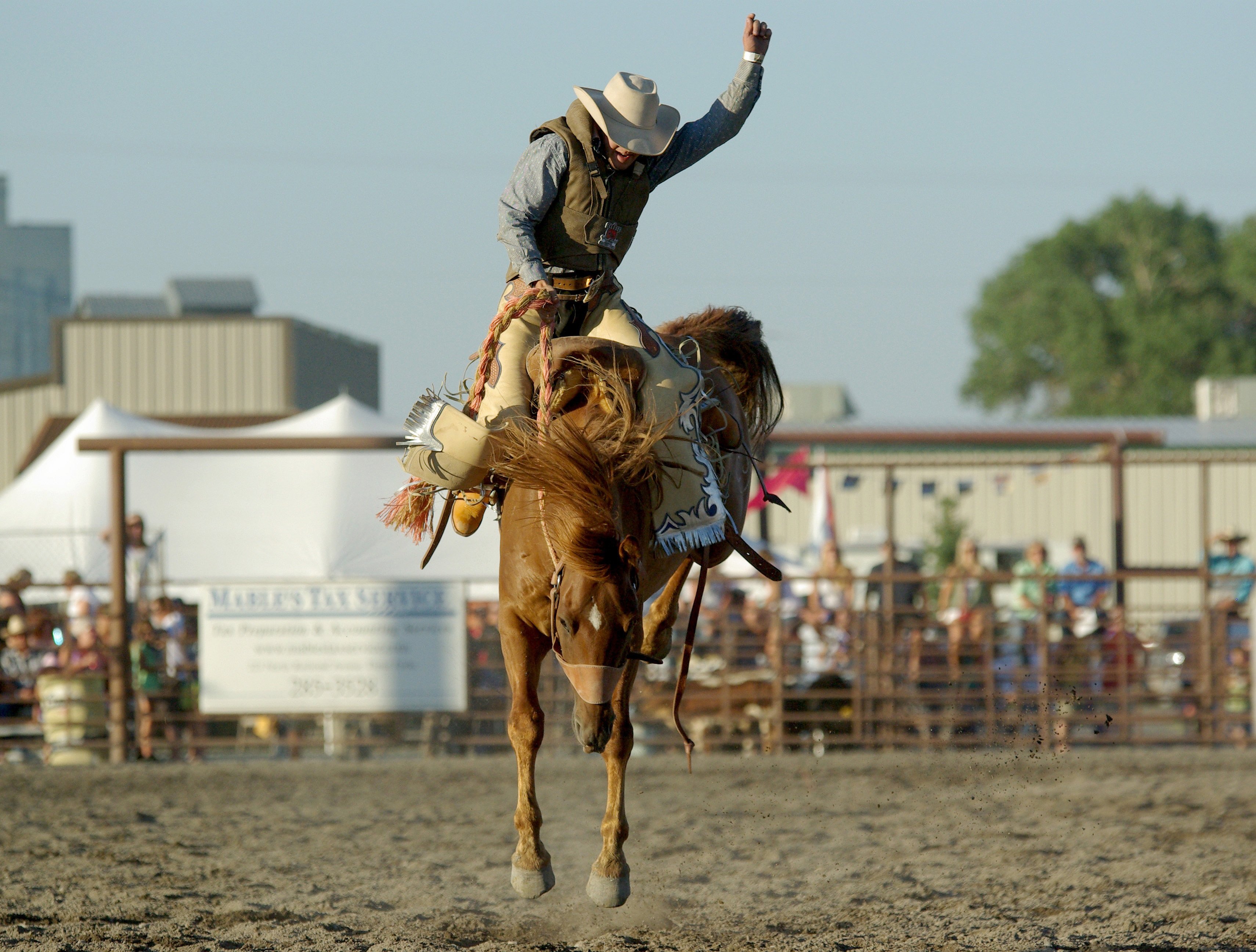 homem de chapéu montado num cavalo, pulando enquanto pessoas assistem atrás da cerca