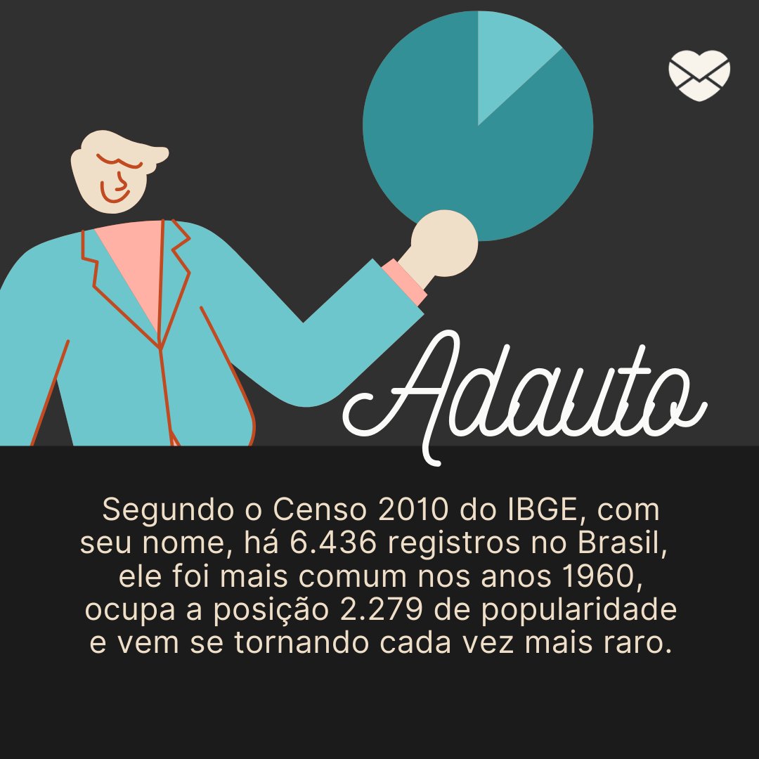 'Adauto Segundo o Censo 2010 do IBGE, com seu nome, há 6.436 registros no Brasil,  ele foi mais comum nos anos 1960, ocupa a posição 2.279 de popularidade e vem se tornando cada vez mais raro.' - Frases de Adauto