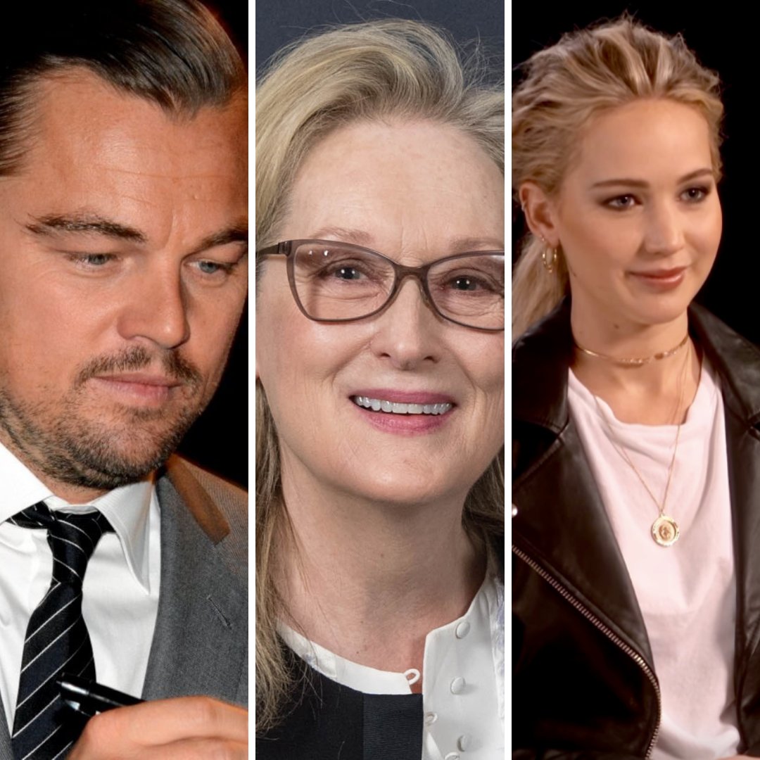 Imagem em grade dos atores Leonardo DiCaprio, Meryl Streep e Jennifer Lawrence