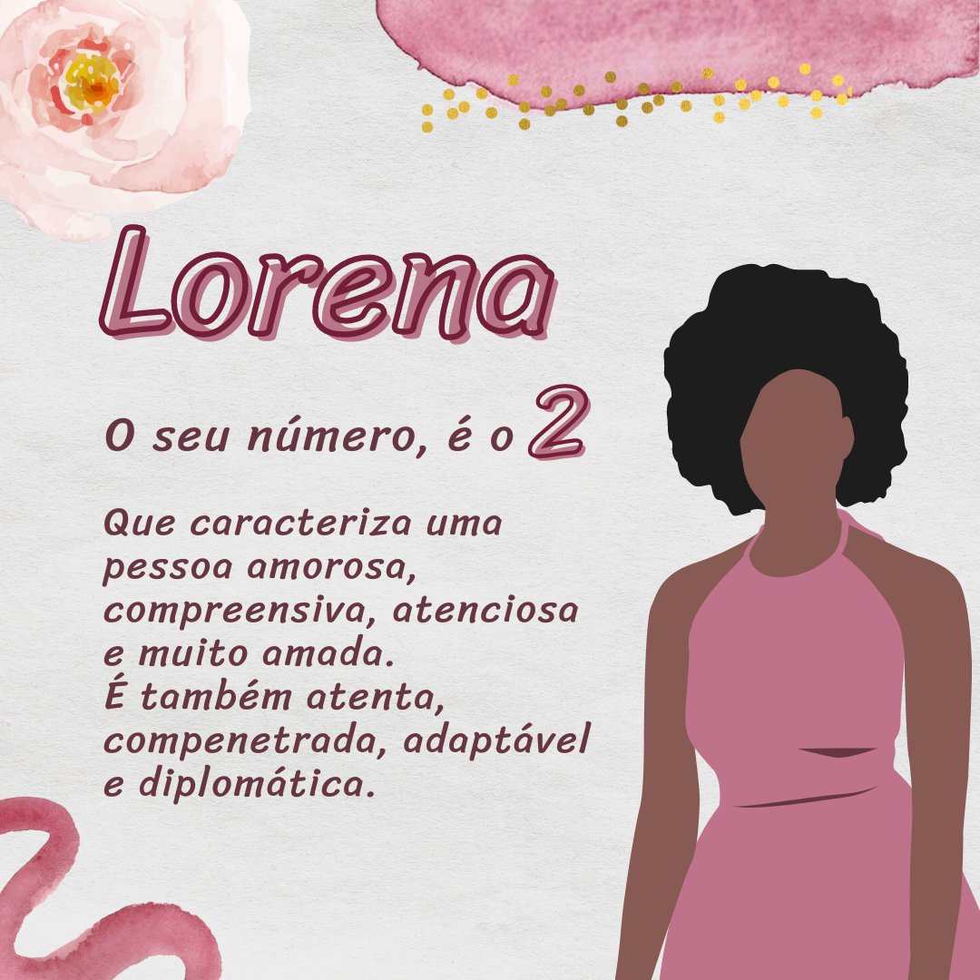 'Lorena O seu número, é o 2. Que caracteriza uma pessoa amorosa, compreensiva, atenciosa e muito amada.  É também atenta, compenetrada, adaptável  e diplomática.' - Frases de Lorena