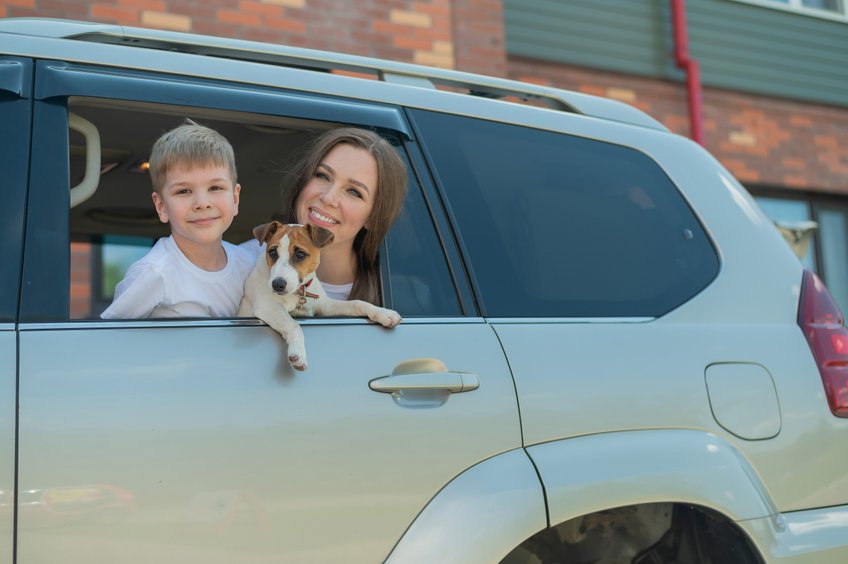 Criança, cachorro e mulher juntos na janela do carro