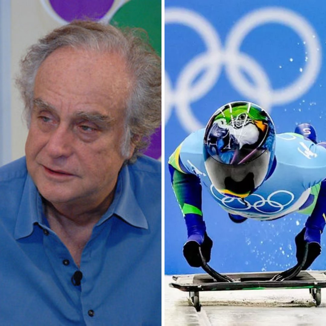 Imagem em gride do cineasta Arnaldo Jabor e de um atleta durante as Olimpíadas de inverno