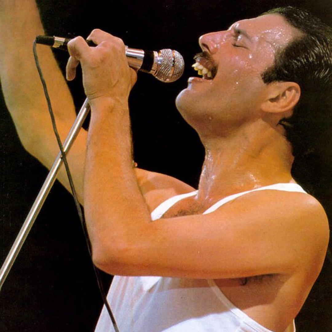 Imagem do cantor Freddie Mercury cantando em um show