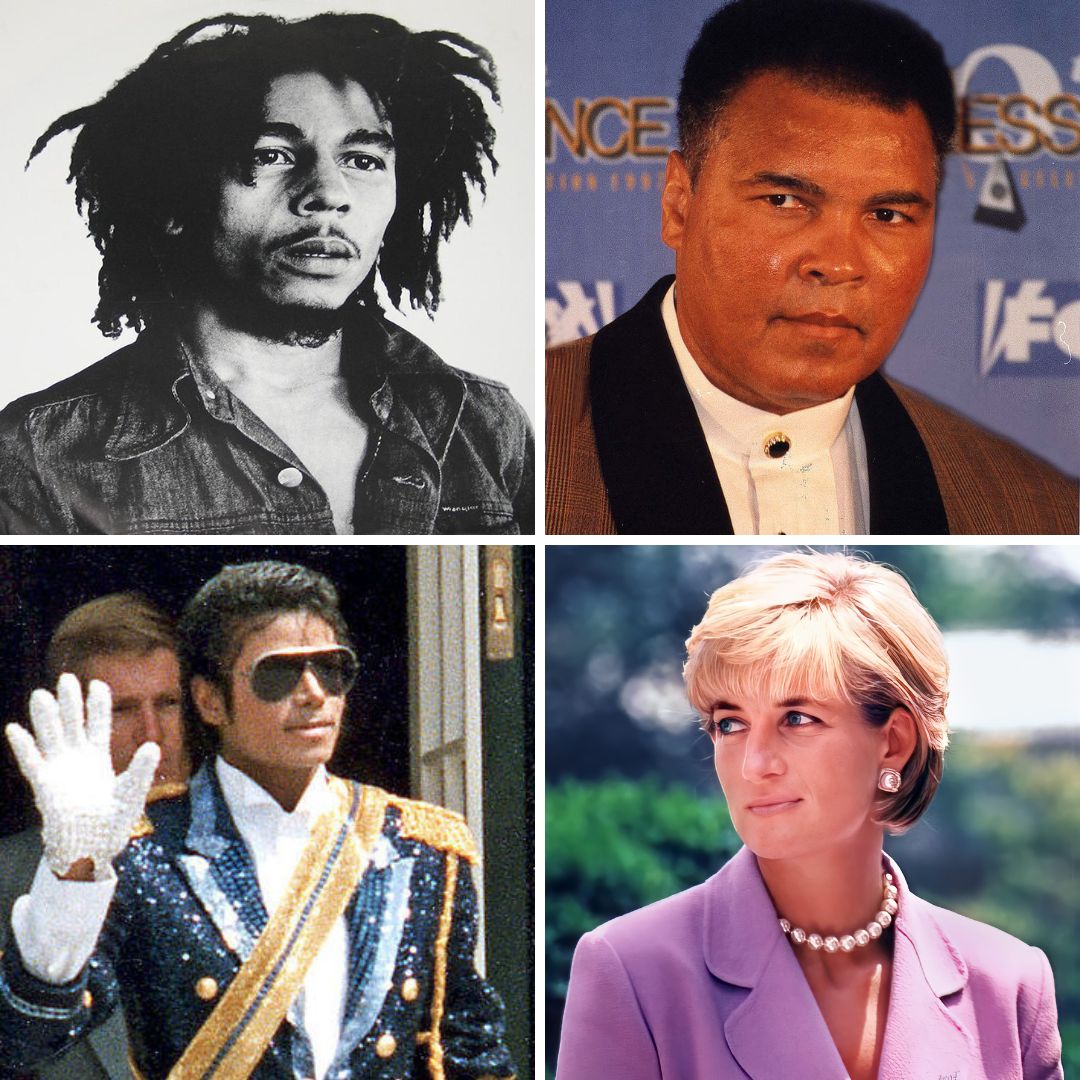 Imagem em gride do cantor e compositor Bob Marley, do atleta Muhammad Ali, do cantor Michael Jackson e da princesa Diana