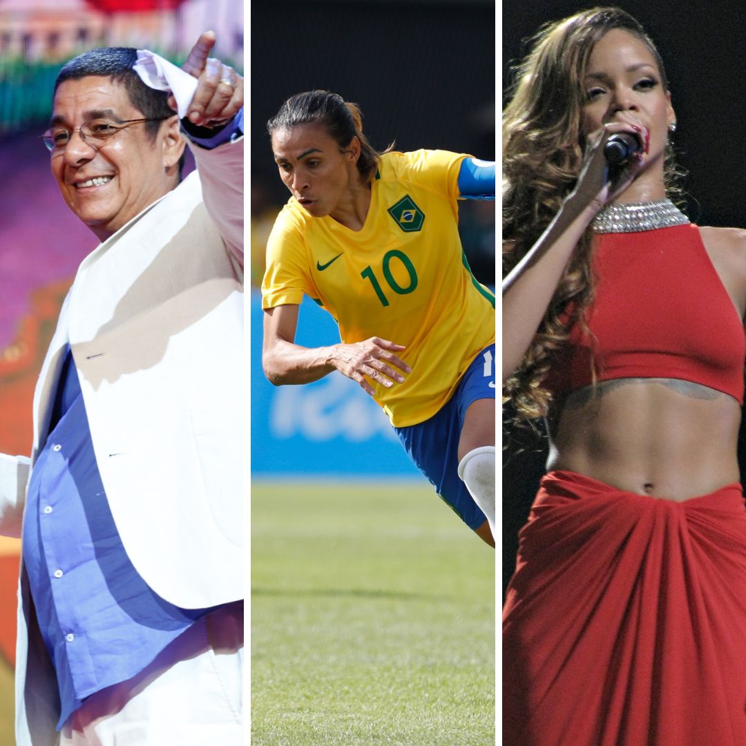 Imagem em gride do cantor Zeca Pagodinho, da jogadora de futebol Marta e da cantora Rihanna