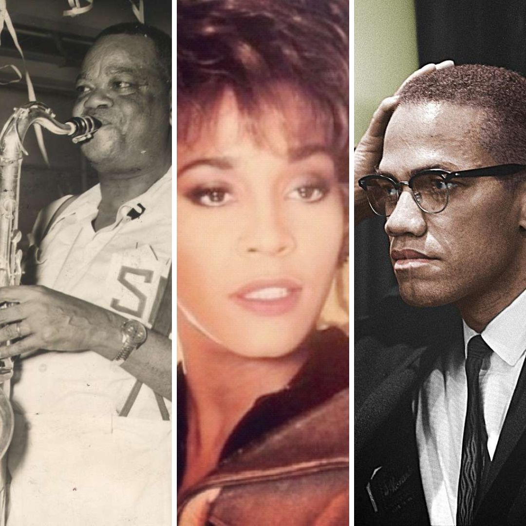 Imagem em gride do compositor Pixinguinha, da cantora Whitney Houston e do ativista Malcolm X