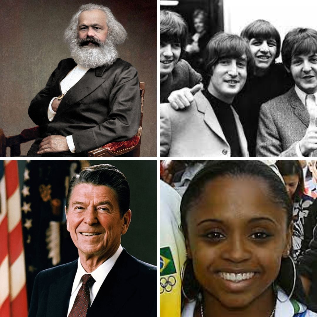 Imagem em gride do filósofo Karl Marx, da banda The Beatles, do ex-presidente dos EUA Ronald Reagan e da ginasta brasileira Daiane dos Santos