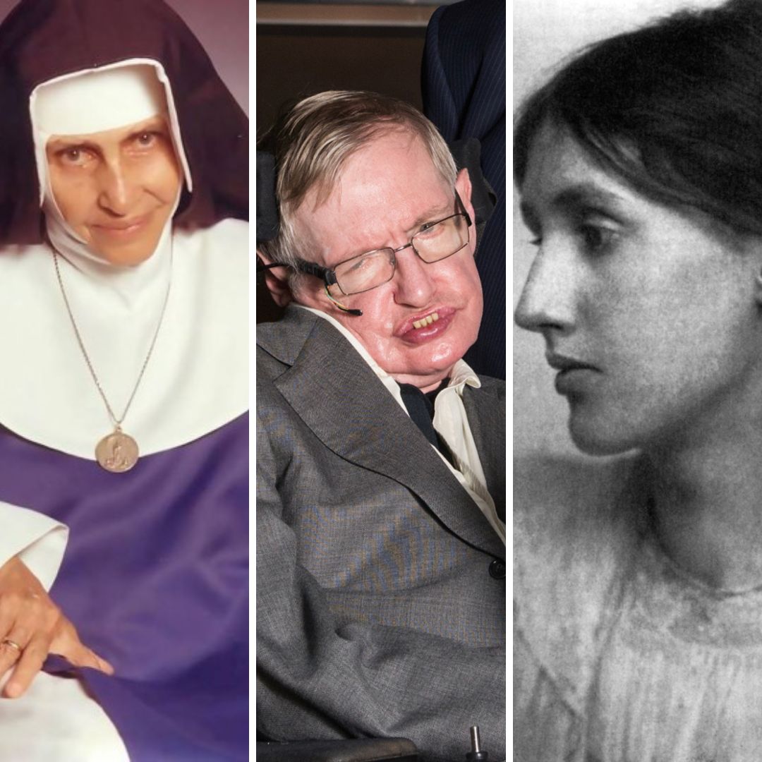 Imagem em gride da Irmã Dulce, do físico Stephen Hawking e da escritora Virginia Woolf