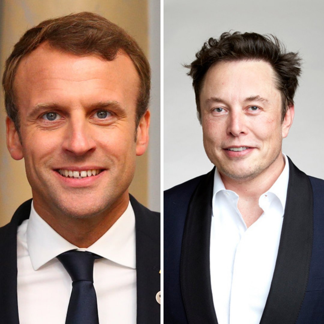 Imagem em gride do presidente da França  Emmanuel Macron e do bilionário Elon Musk