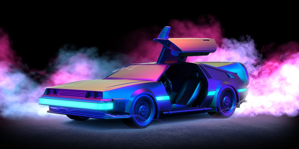 carro futurista com fundo colorido neon