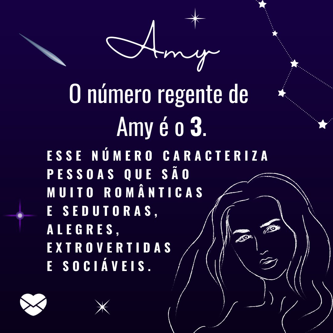 'O número regente de Amy é o 3. Esse número caracteriza pessoas que são muito românticas e sedutoras, alegres, extrovertidas e sociáveis.' Frases de Amy