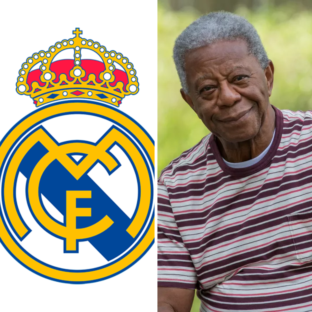 Divulgação / Real Madrid / Wikimedia Commons Imagem em gride do brasão do time Real Madrid e do ator Milton Gonçalves