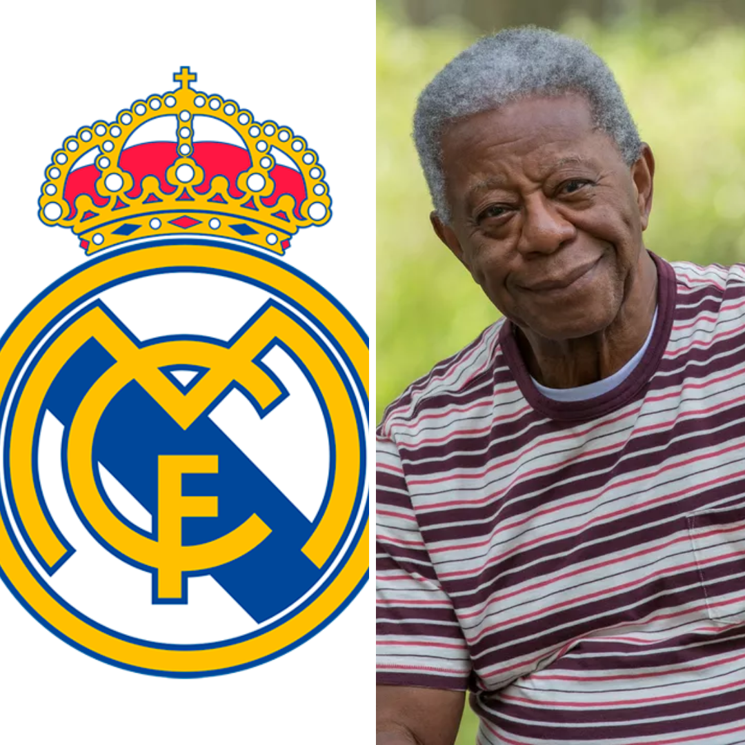 Imagem em gride do brasão do time Real Madrid e do ator Milton Gonçalves