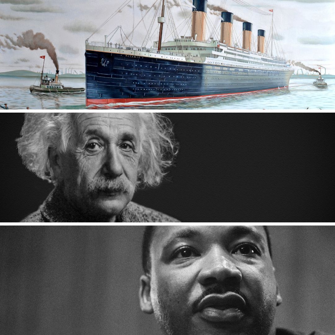 Imagem em gride do Titanic, do físico Albert Einstein e do pacifista político Martin Luther King