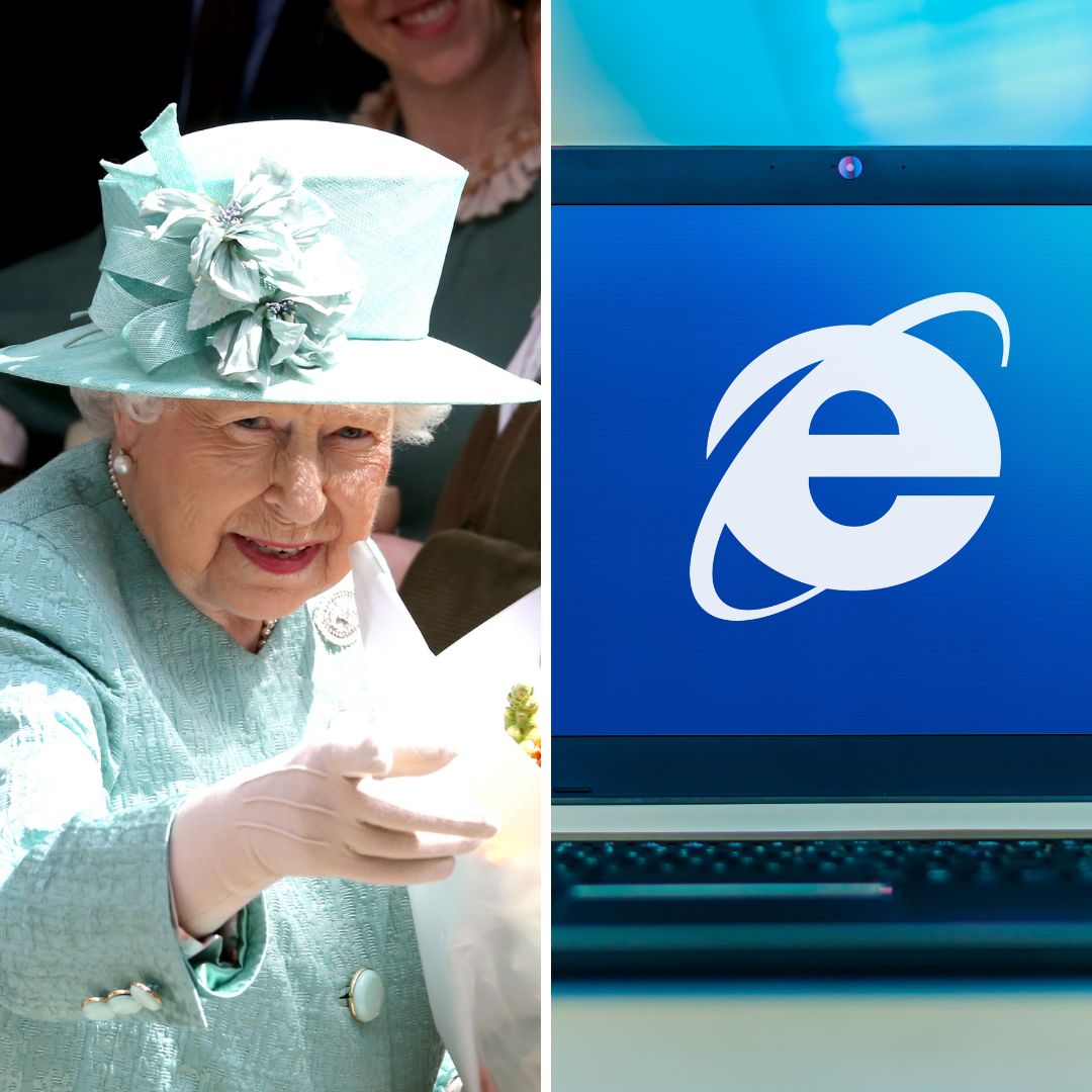 Imagem em gride da Rainha Elizabeth II e do símbolo do Internet Explorer