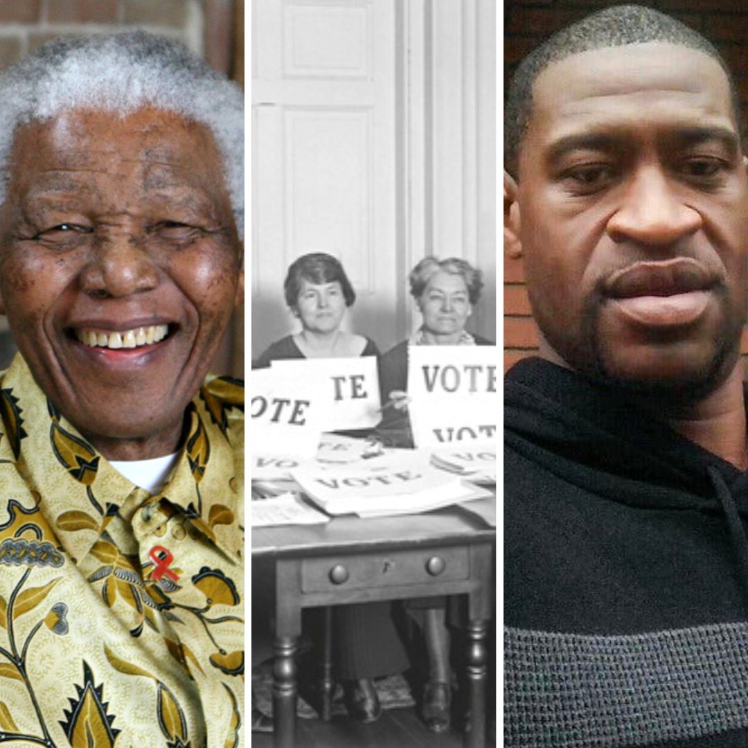Laurel / Wikimedia Commons / Everett Collection / Shutterstock.com / Prachatai / Flickr Imagem em gride de Nelson Mandela, de mulheres lutando pelo direito do voto feminino e de George Floyd