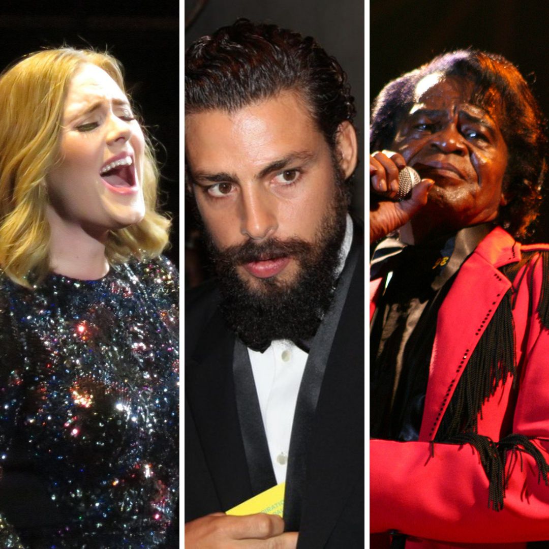 Wikimedia Commons / Egghead06 / Wikimedia Commons / Renan Katayama / miqu77 / Shutterstock.com Imagem em gride da cantora Adele, do ator Cauã Reymond e do cantor James Brown
