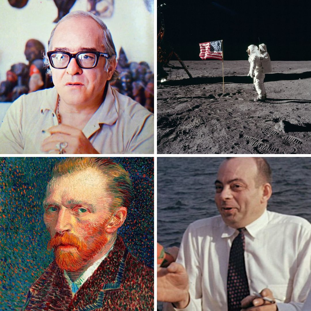 Imagem em grade de Vinícius de Moraes, do homem pisando na lua pela primeira vez, de Vincent Van Gogh e de Antoine de Saint-Exupéry