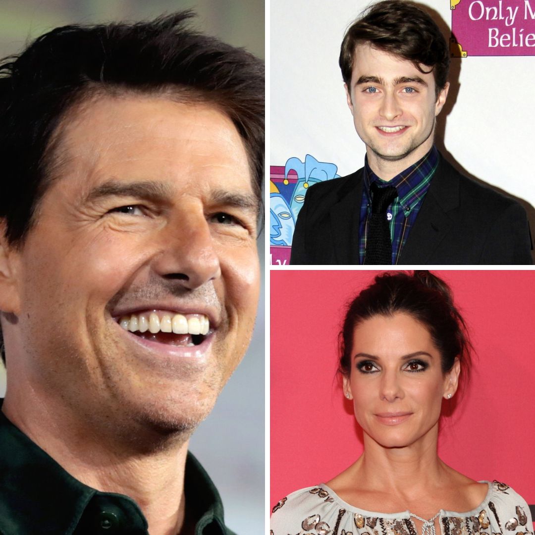 Imagem em gride dos atores Tom Cruise, Daniel Radcliffe e Sandra Bullock