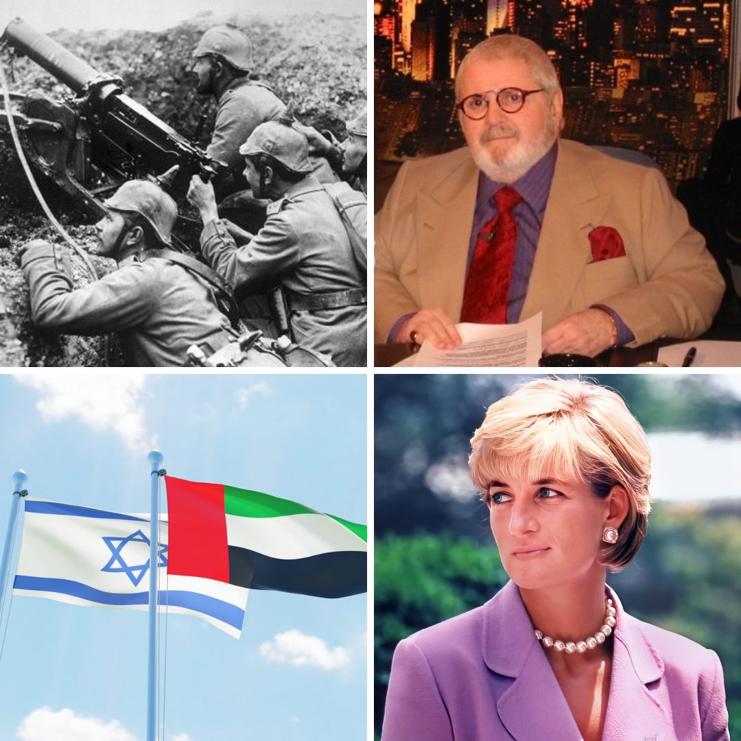 Imagem em gride de soldados na primeira guerra mundial, do humorista Jô Soares, das bandeiras de Israel e Emirados Árabes e da princesa Diana