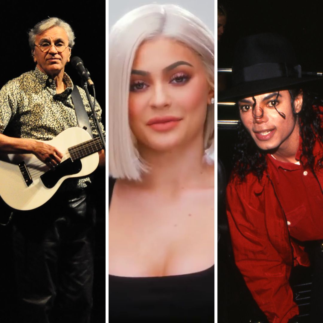 Imagem em gride do cantor Caetano Veloso, da socialite Kylie Jenner e do cantor Michael Jackson