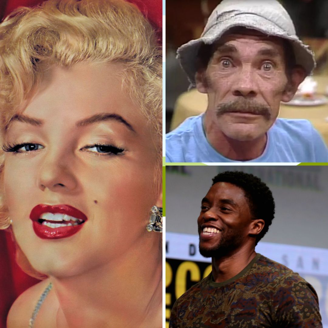 Imagem em gride da atriz Marilyn Monroe, do ator mexicano Ramón Valdés e do ator Chadwick Boseman