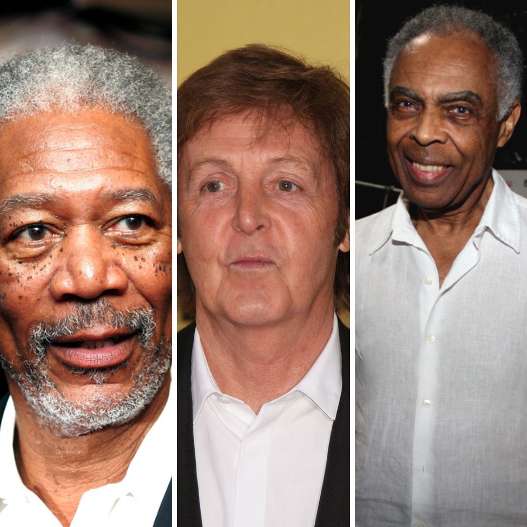 Imagem em gride de Morgan Freeman, Paul McCartney e Gilberto Gil