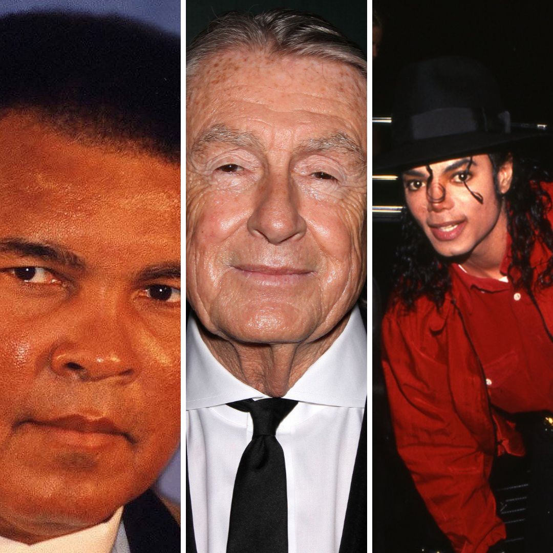 Imagem em gride de Muhammad Ali, Joel Schumacher e Michael Jackson