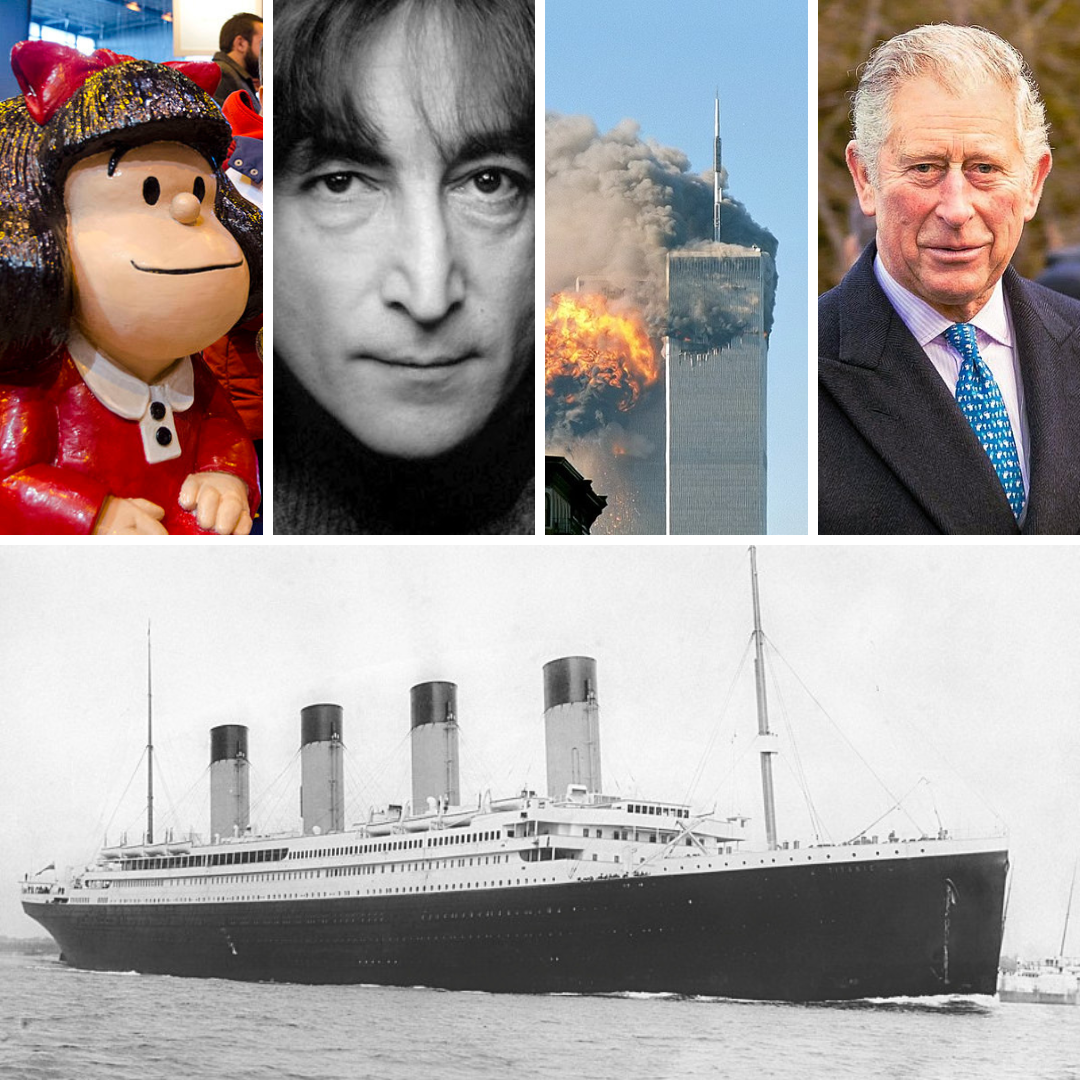Estátua de Mafalda. Fotos de John Lennon, Atentado de 11 de Setembro, Titanic e o agora Rei Charles III.