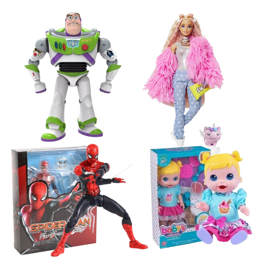 Bonecos Barbie, Buzz Lightyear, Baby Alive e Homem Aranha.