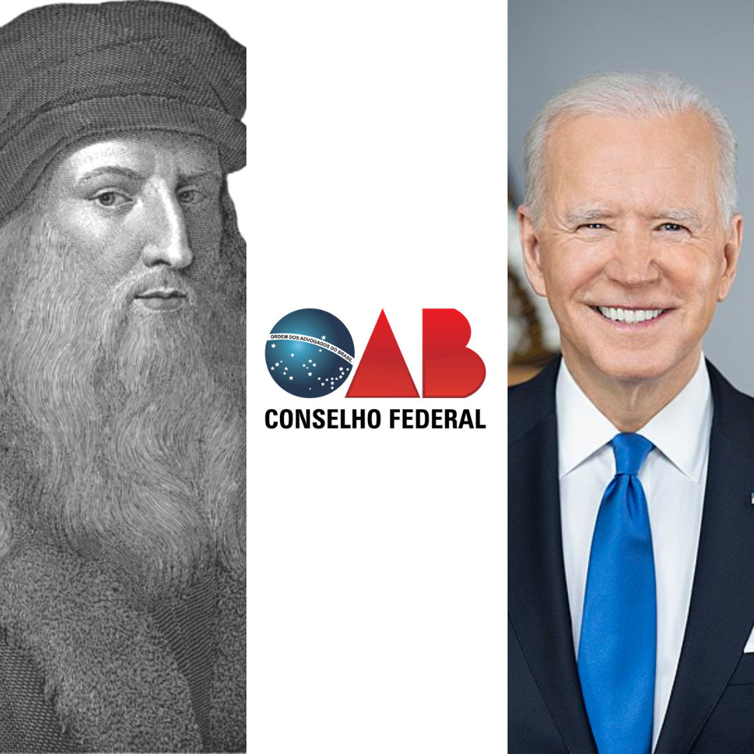 Retrato de Leonardo, logotipo da OAB e Biden sorrindo