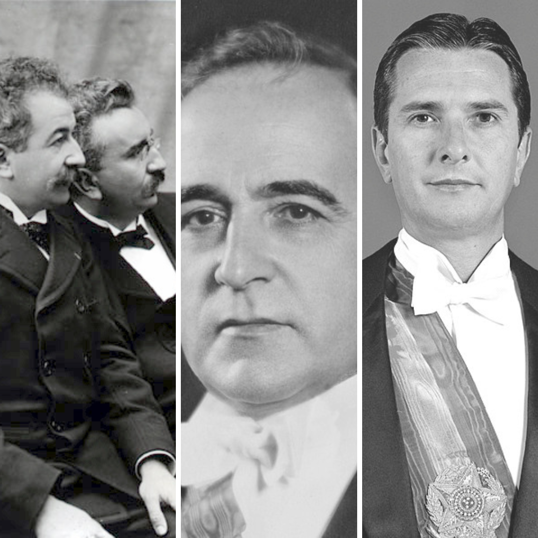Fotos em preto e branco de: Irmãos Lumiere, Getúlio e Collor.