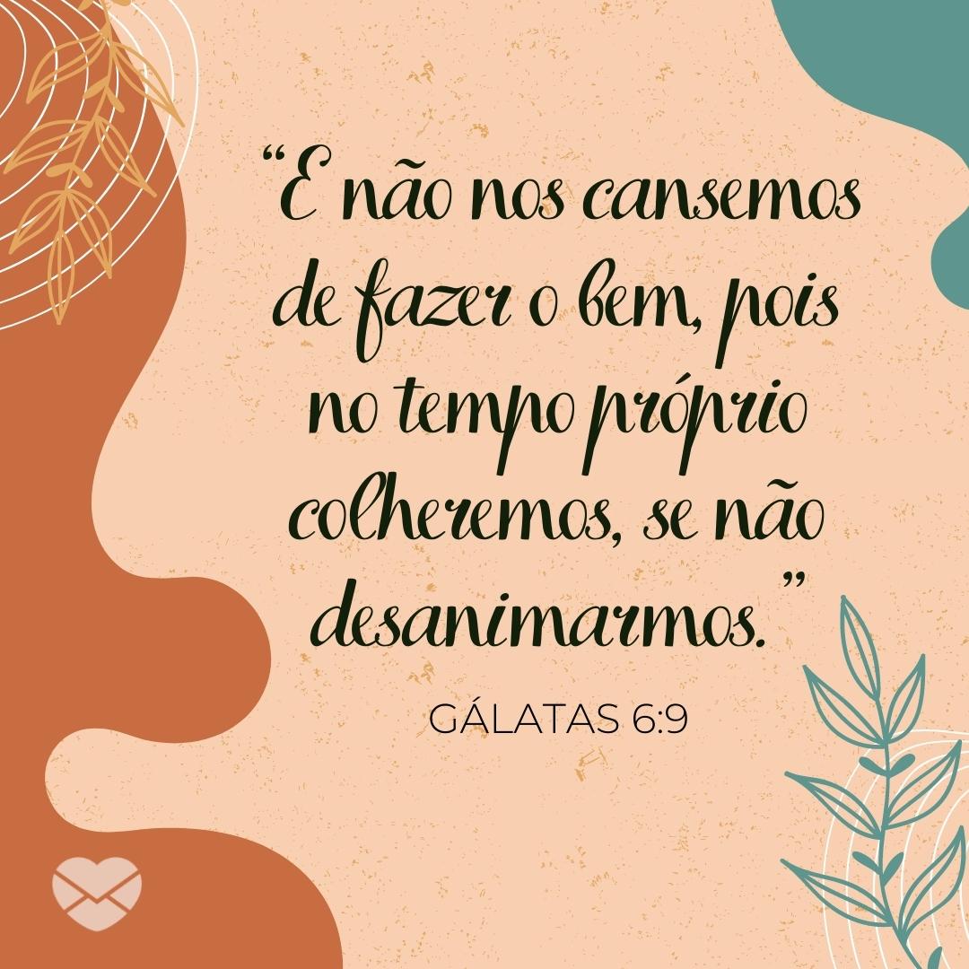 '“E não nos cansemos de fazer o bem, pois no tempo próprio colheremos, se não desanimarmos.” Gálatas 6:9' - Versículos de encorajamento