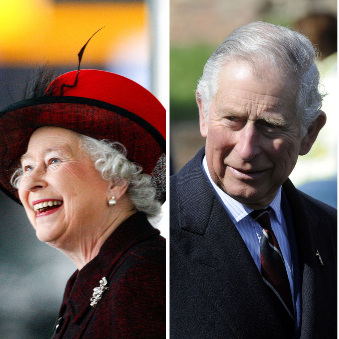 Imagem em gride da rainha Elizabeth II e do rei Charles III.