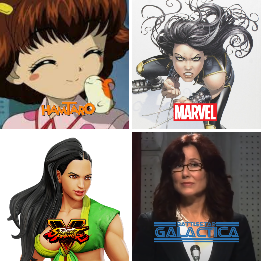 Personagens Laura de Hamtaro, Marvel (X-23), Street Fighter V e Battlestar Galactica.