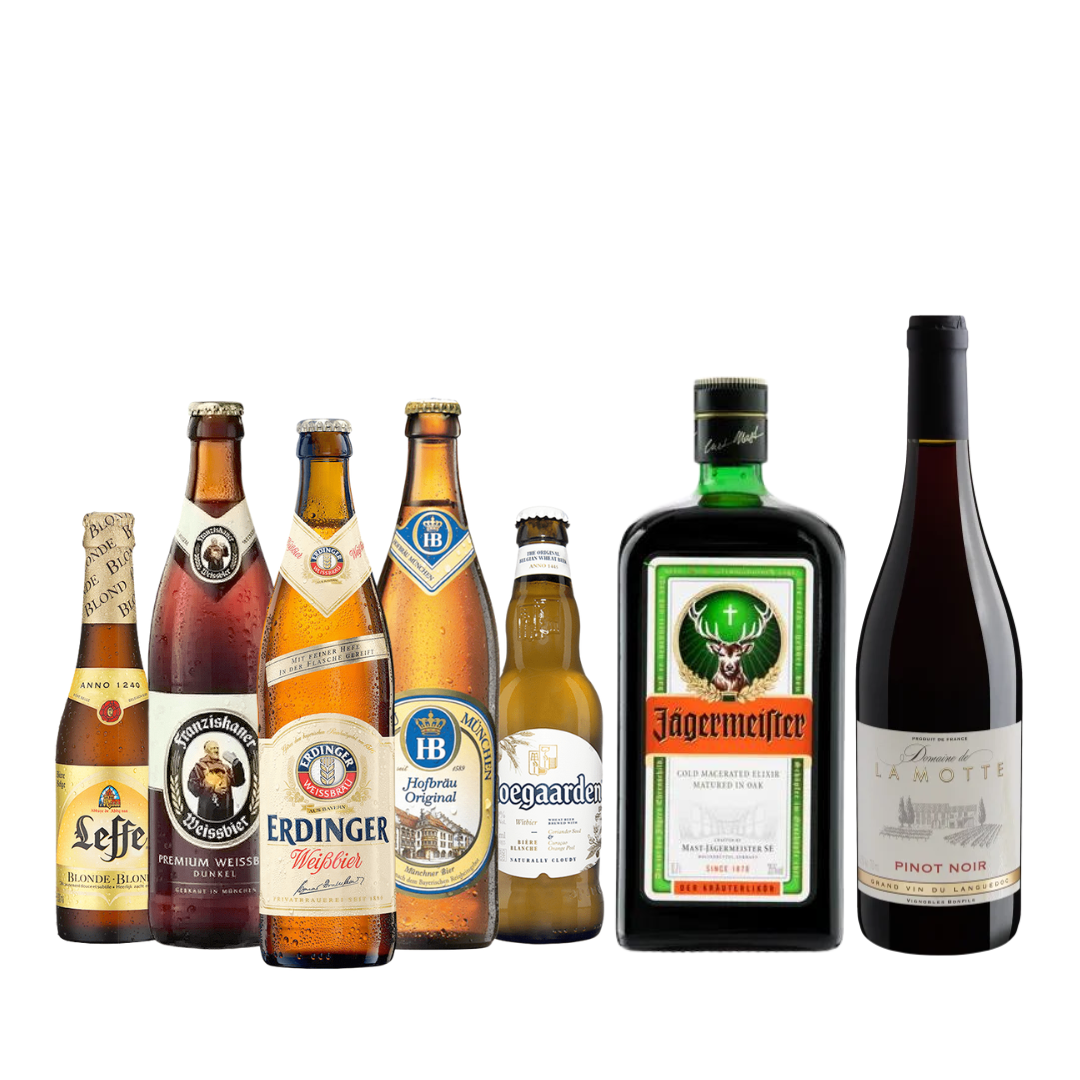 Diversas cervejas importadas, uma garrafa e Jagermeister e um vinho La Motte.