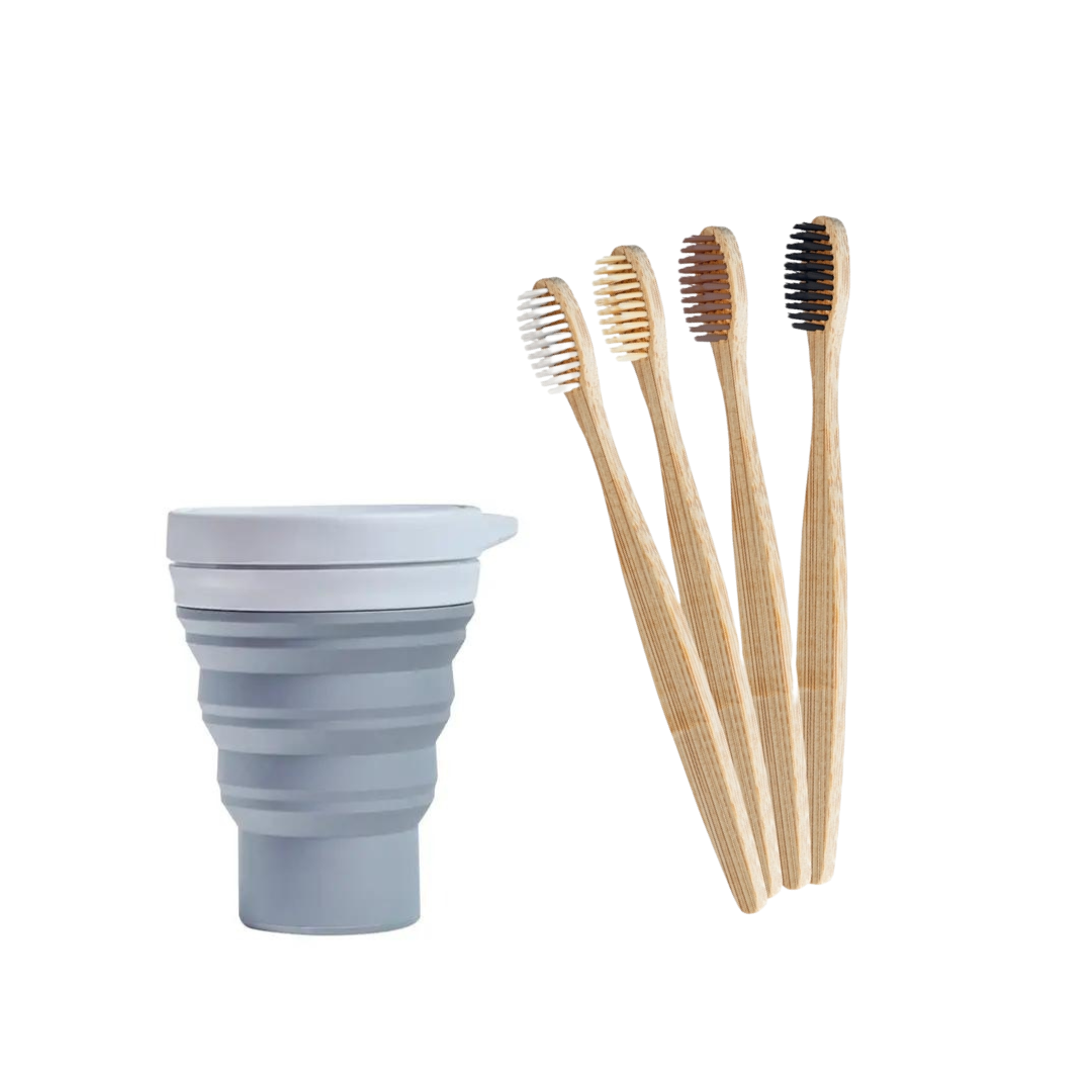 Copo reutilizável dobrável e escovas de dente de bambu.