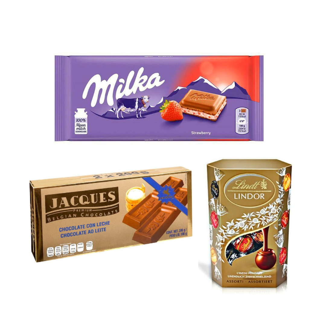 Barras de chocolate e bombons importados. Milka, Jacques e Lindor.