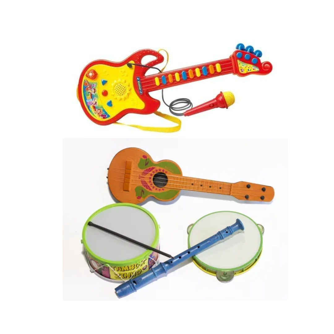 Vários instrumentos musicais para crianças, entre eles: guitarra, microfone, violão, flauta, pandeiro e tambor.