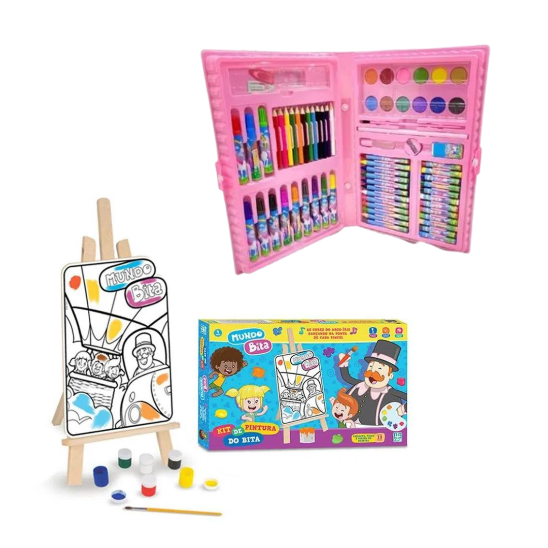 Kit de pintura Mundo Bita e Maleta de pintura com lápis de cor e canetinhas.