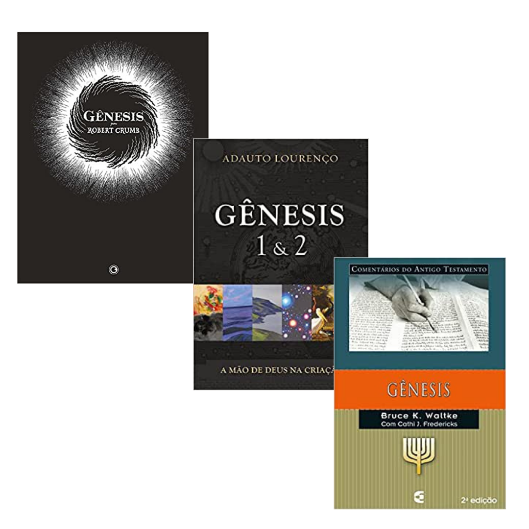 Capa dos Livros Gênesis, Gênesis 1 e 2 e Comentários do Antigo testamento - Gênesis.