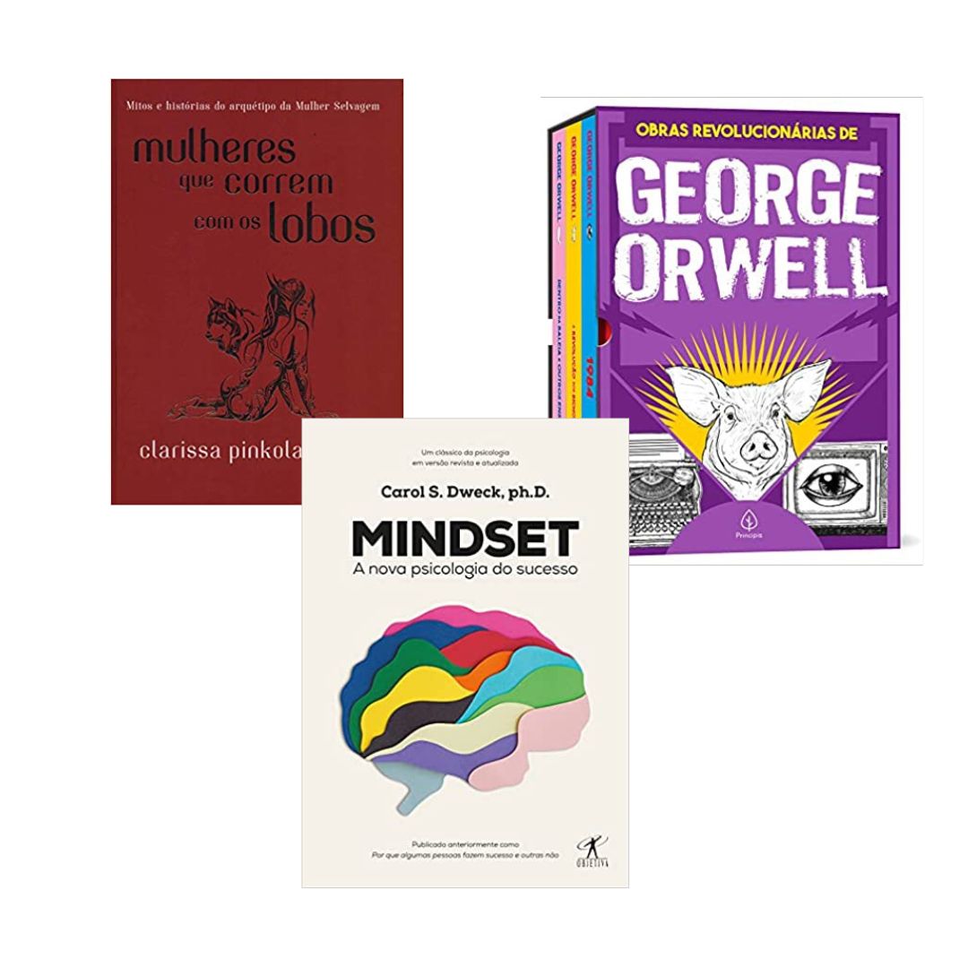 Livros de diversos temas: Mindset, Mulheres que correm com os lobos e coletânia de George Orwell