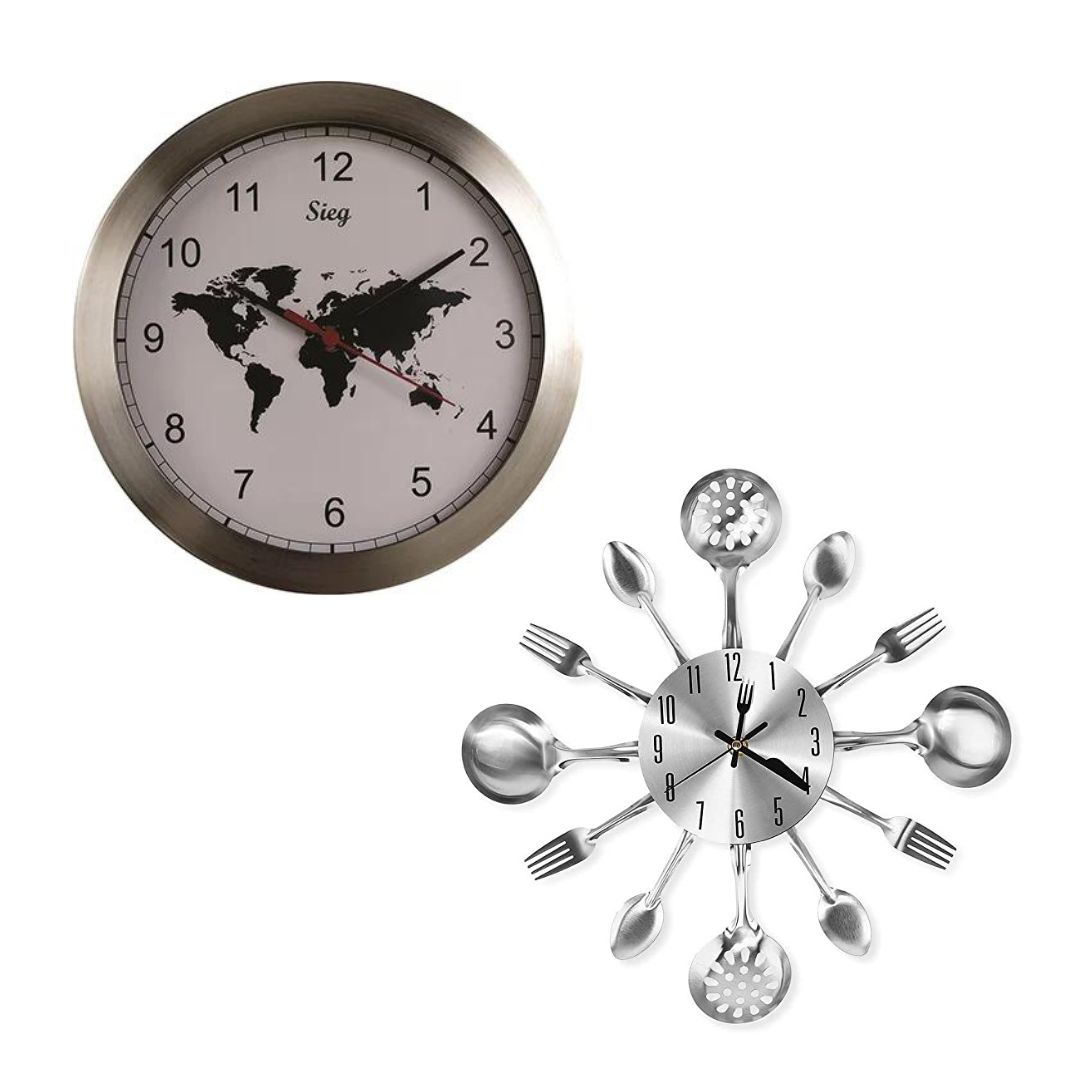 Relógios decorativos com o mapa-mundi e talheres.