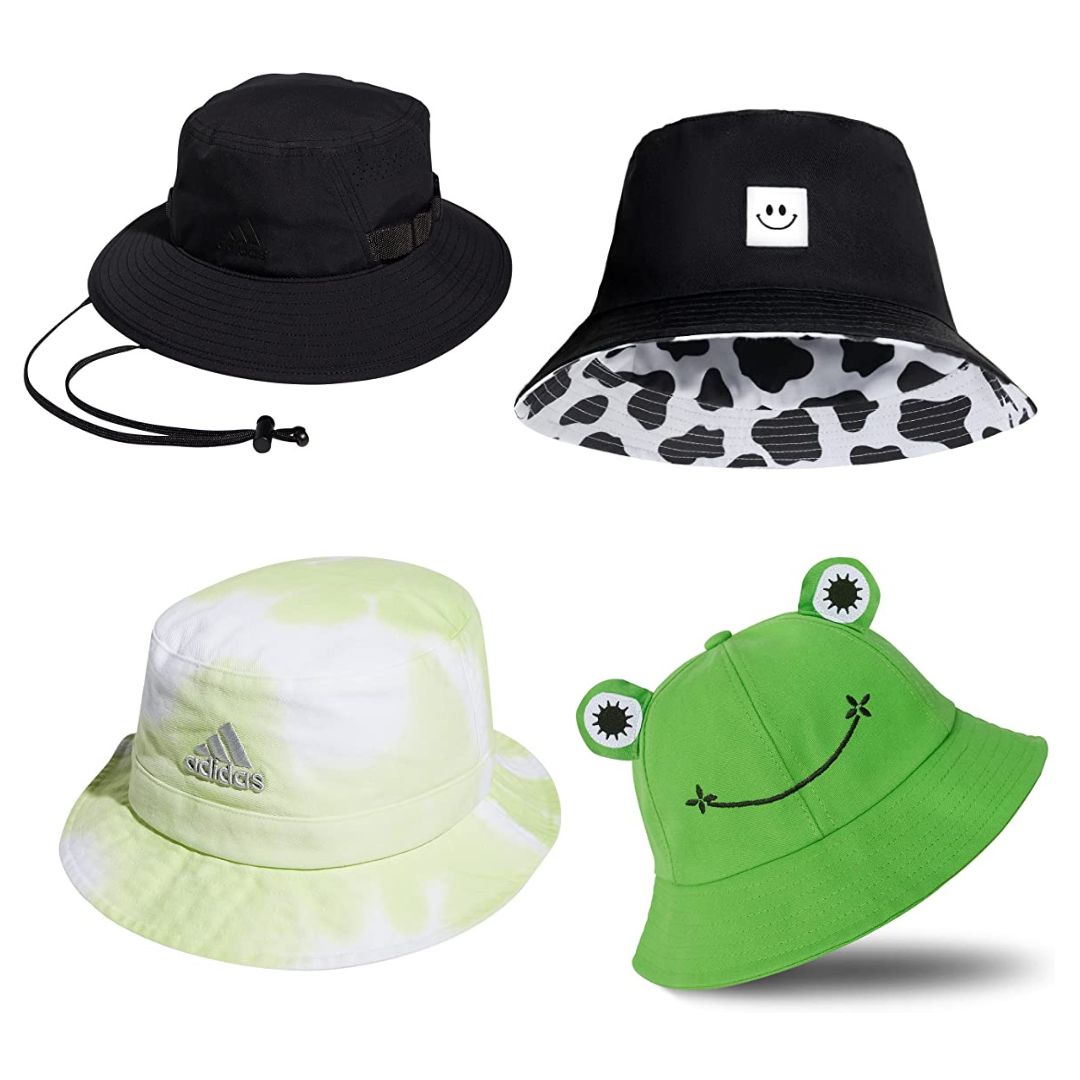 Diversos tipos de bucket hat, em tons de preto e verde.