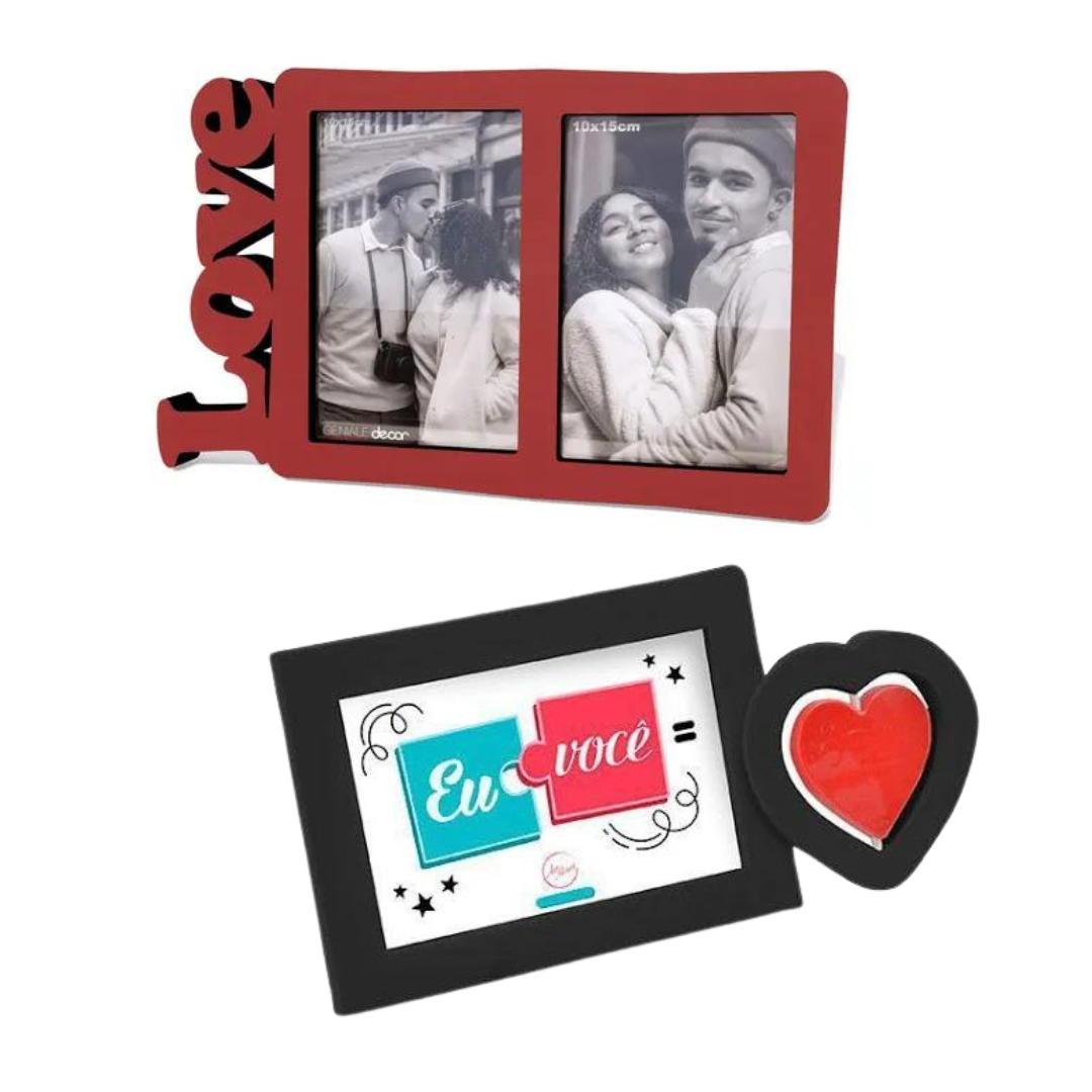 Quadro para fotos com divisória na cor vermelha e a palavra Love escrita na lateral e quadro preto com um detalhe em coração ao lado.