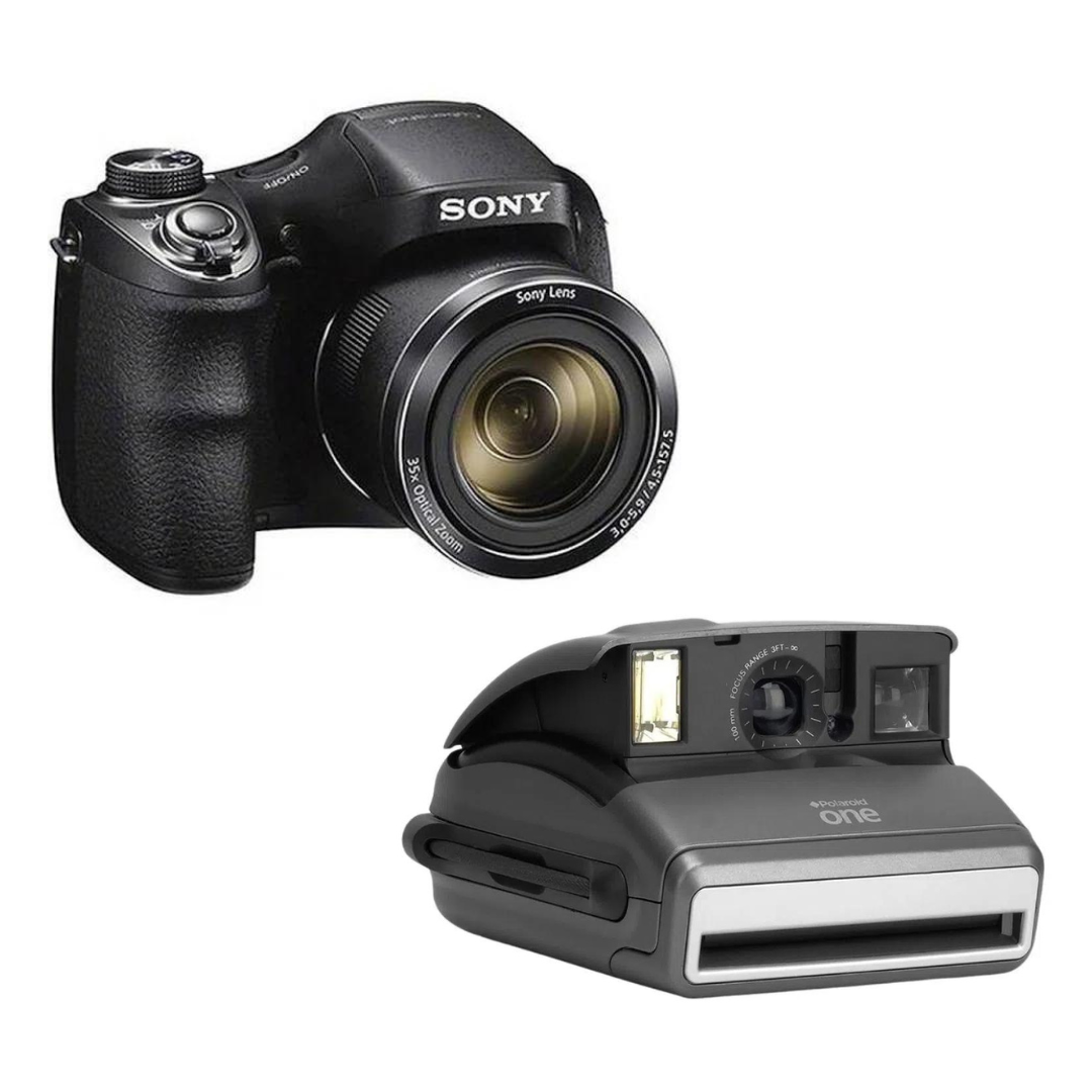 Câmeras de diferentes tipos: analógica e digital.