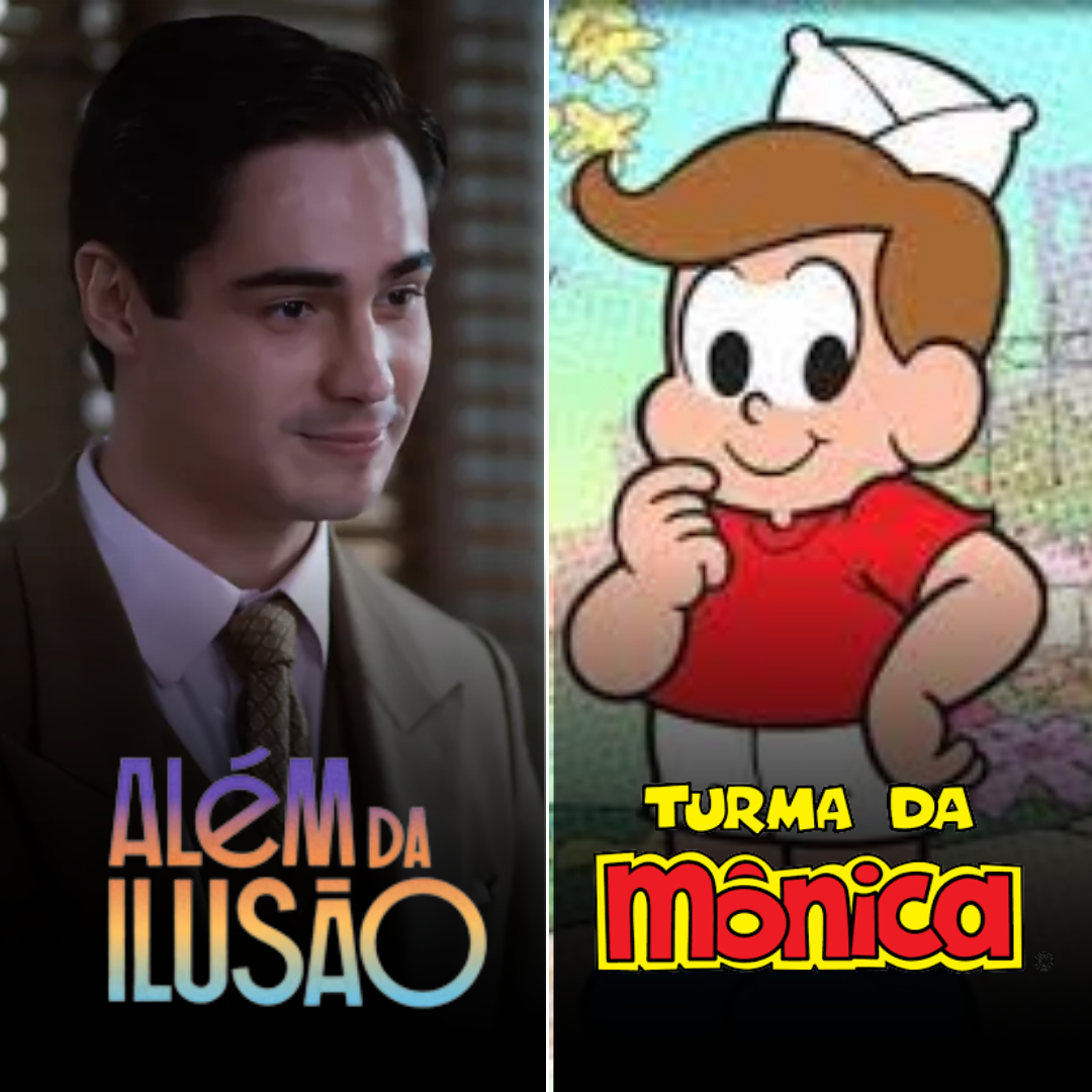 Imagem em gride do personagem Joaquim, da novela Além da Ilusão, e do personagem Quinzinho, dos quadrinhos Turma da Mônica.