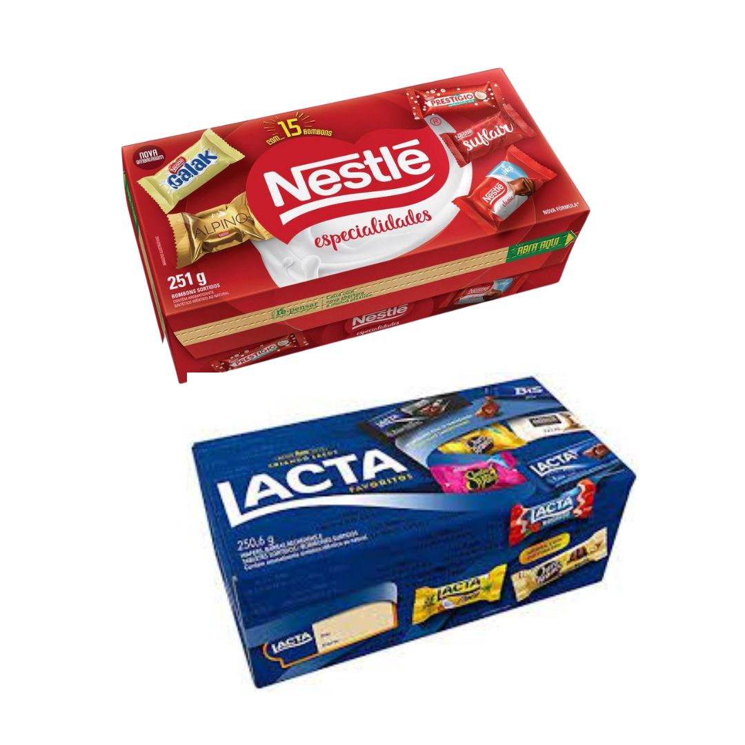 Caixas de bombom das marcas Lacta e Nestlé.